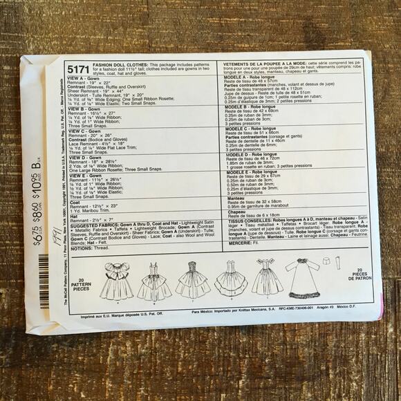 McCalls Crafts Sewing Pattern 5171 11.5" Doll Dress Gown Glamour Nights UNCUT - Picture 2 of 2